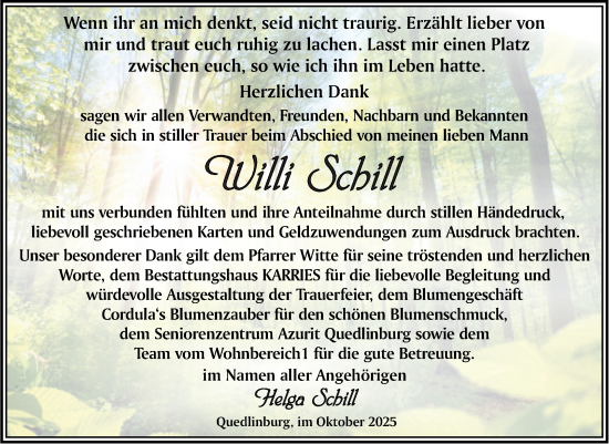 Traueranzeige von Willi Schill von Trauerkombi Quedlinburg