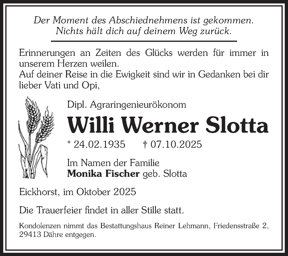  Traueranzeige für Willi Werner Slotta vom 10.10.2025 aus Volksstimme Zerbst