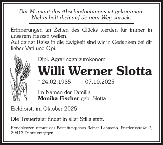 Traueranzeige von Willi Werner Slotta von Volksstimme Zerbst