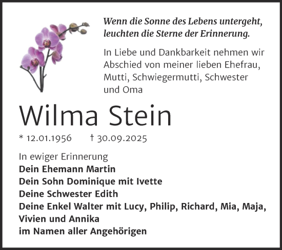 Traueranzeige von Wilma Stein von Trauerkombi Köthen