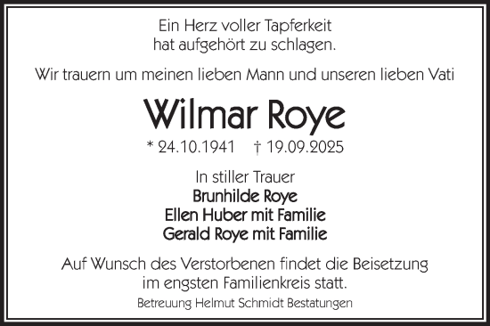 Traueranzeige von Wilmar Roye von Volksstimme Oschersleben/Wanzleben