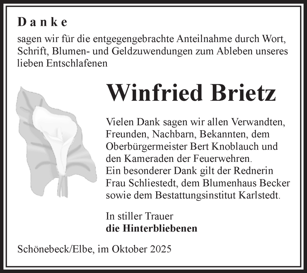  Traueranzeige für Winfried Brietz vom 11.10.2025 aus Volksstimme Schönebeck