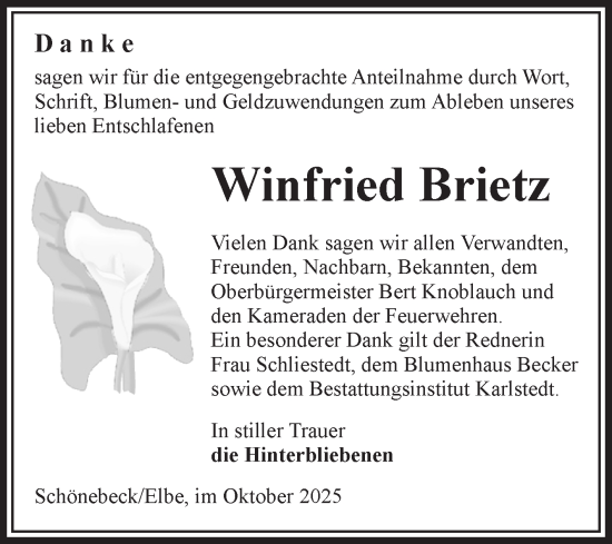 Traueranzeige von Winfried Brietz von Volksstimme Schönebeck