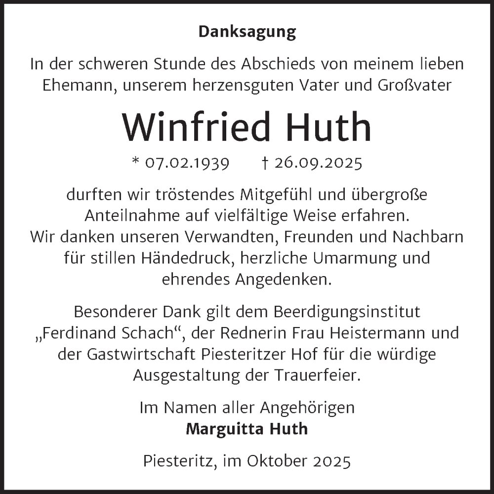  Traueranzeige für Winfried Huth vom 18.10.2025 aus Trauerkombi Wittenberg
