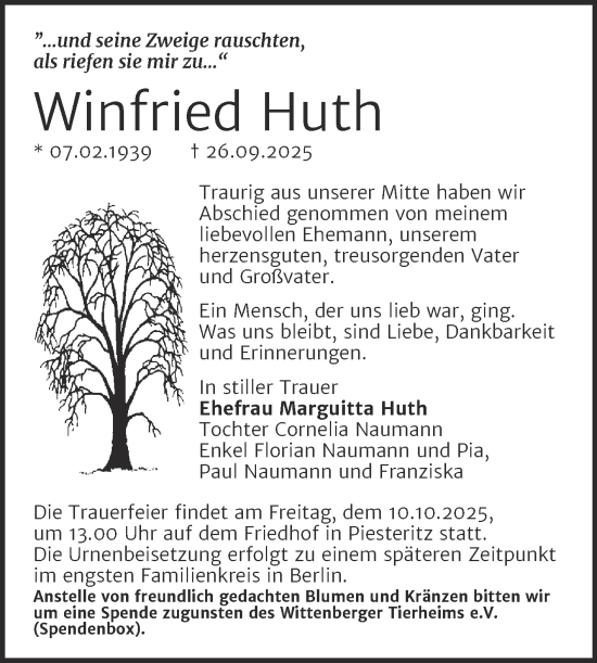 Traueranzeige von Winfried Huth von Trauerkombi Wittenberg