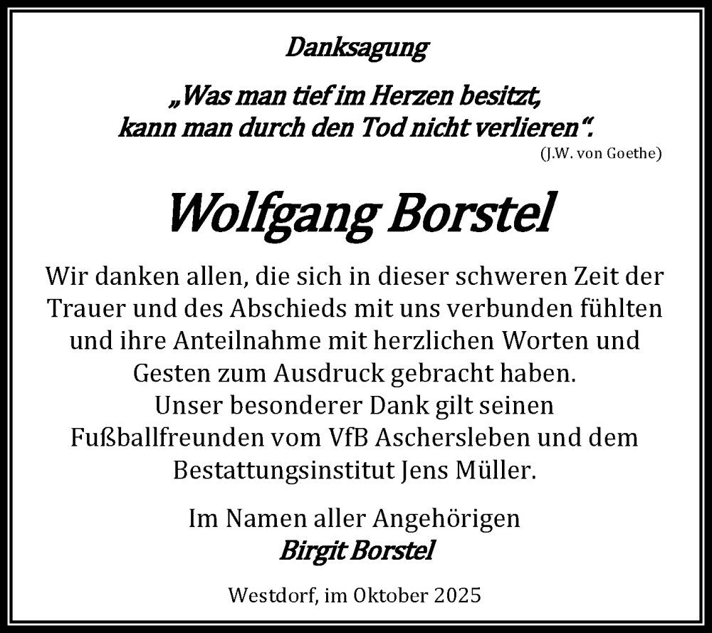  Traueranzeige für Wolfgang Borstel vom 18.10.2025 aus Trauerkombi Aschersleben
