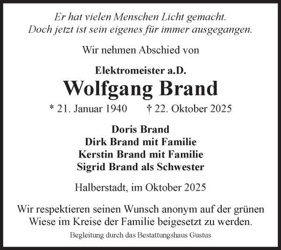 Traueranzeige von Wolfgang Brand von Volksstimme Halberstadt