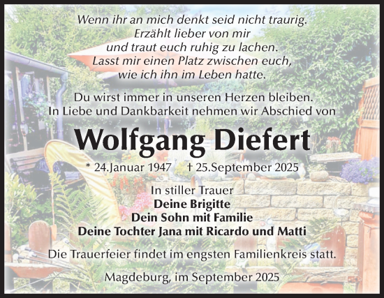 Traueranzeige von Wolfgang Diefert von Volksstimme Magdeburg