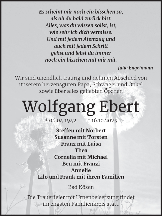 Traueranzeige von Wolfgang Ebert von Naumburger Tageblatt