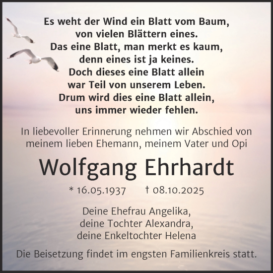 Traueranzeige von Wolfgang Ehrhardt von Trauerkombi Merseburg