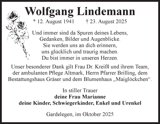 Traueranzeige von Wolfgang Lindemann von Volksstimme Altmark West