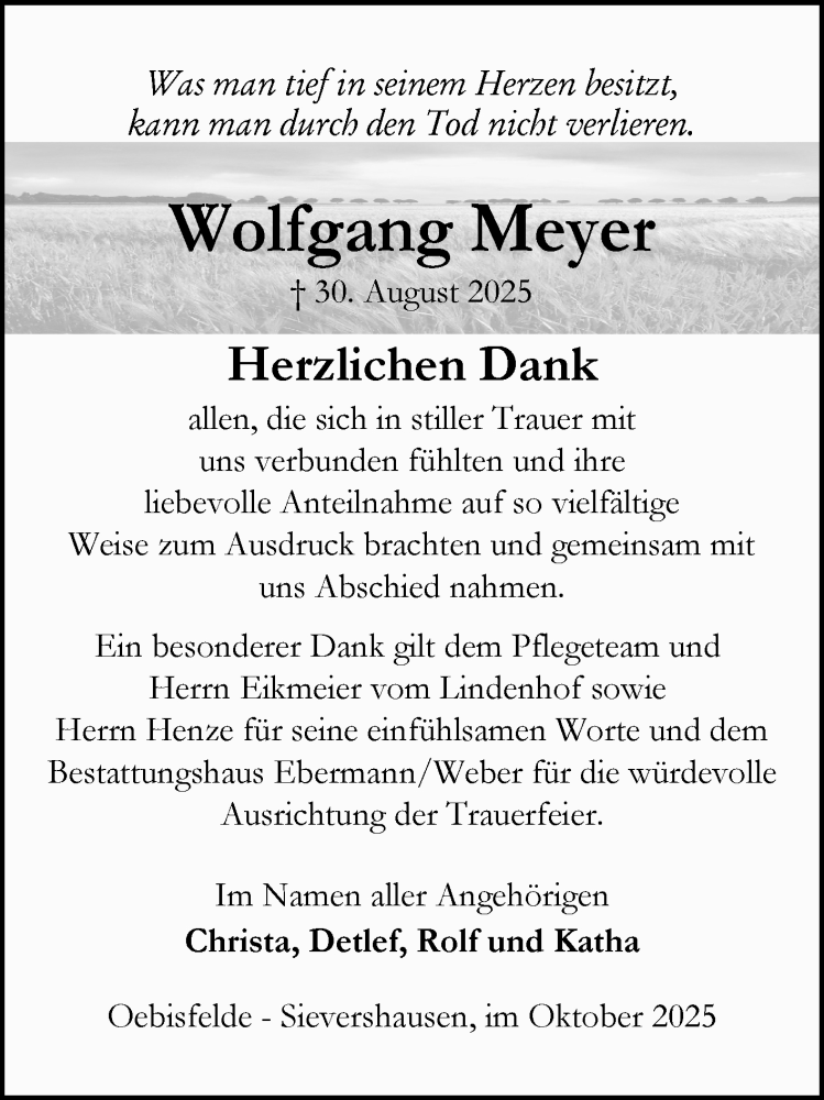  Traueranzeige für Wolfgang Meyer vom 04.10.2025 aus Volksstimme Altmark West