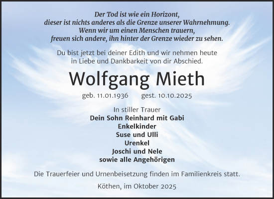 Traueranzeige von Wolfgang Mieth von Trauerkombi Köthen