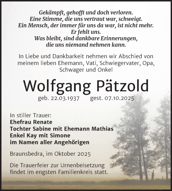Traueranzeige von Wolfgang Pätzold von Trauerkombi Merseburg