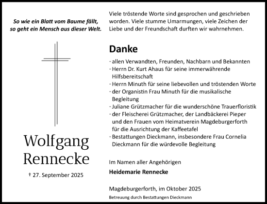 Traueranzeige von Wolfgang Rennecke von Volksstimme Burg/Genthin