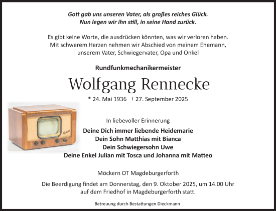 Traueranzeige von Wolfgang Rennecke von Volksstimme Burg/Genthin