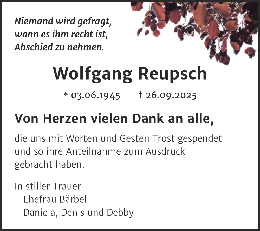  Traueranzeige für Wolfgang Reupsch vom 18.10.2025 aus Super Sonntag Wittenberg