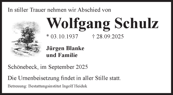 Traueranzeige von Wolfgang Schulz von Volksstimme Schönebeck