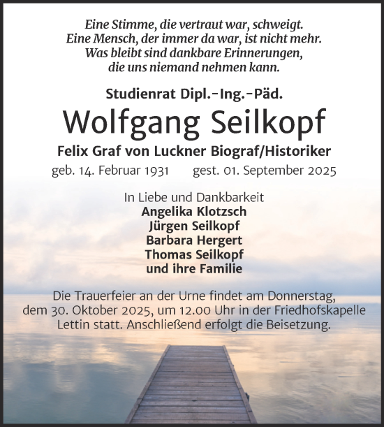 Traueranzeige von Wolfgang Seilkopf von Mitteldeutsche Zeitung Halle/Saalkreis