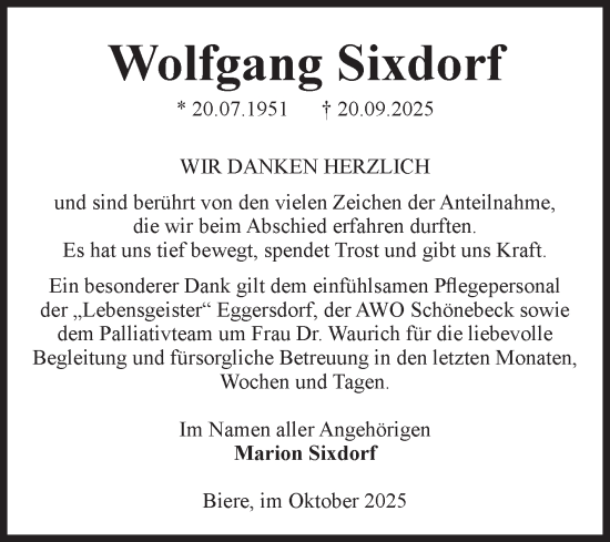 Traueranzeige von Wolfgang Sixdorf von Volksstimme Schönebeck