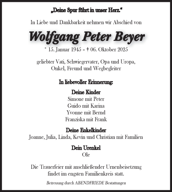 Traueranzeige von Wolfgang Peter Beyer von Volksstimme Magdeburg