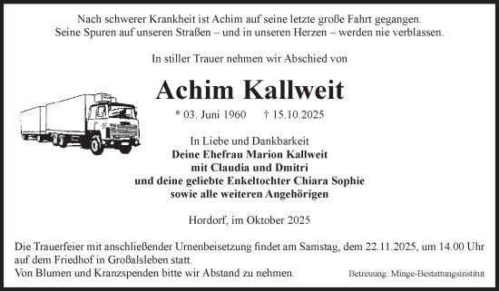 Traueranzeige von Achim Kallweit von Volksstimme Oschersleben/Wanzleben