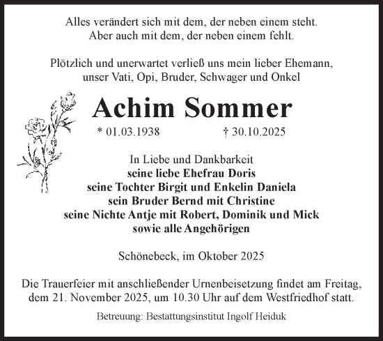 Traueranzeige von Achim Sommer von Volksstimme Schönebeck