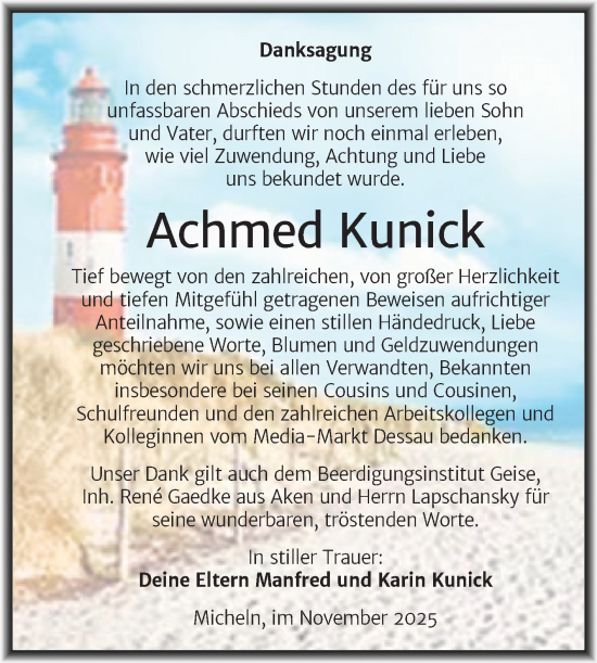 Traueranzeige von Achmed Kunick von Trauerkombi Köthen