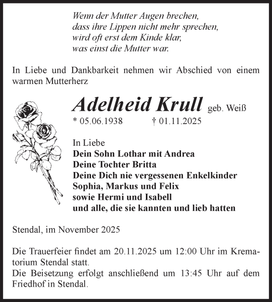 Traueranzeige von Adelheid Krull von Volksstimme Altmark Ost