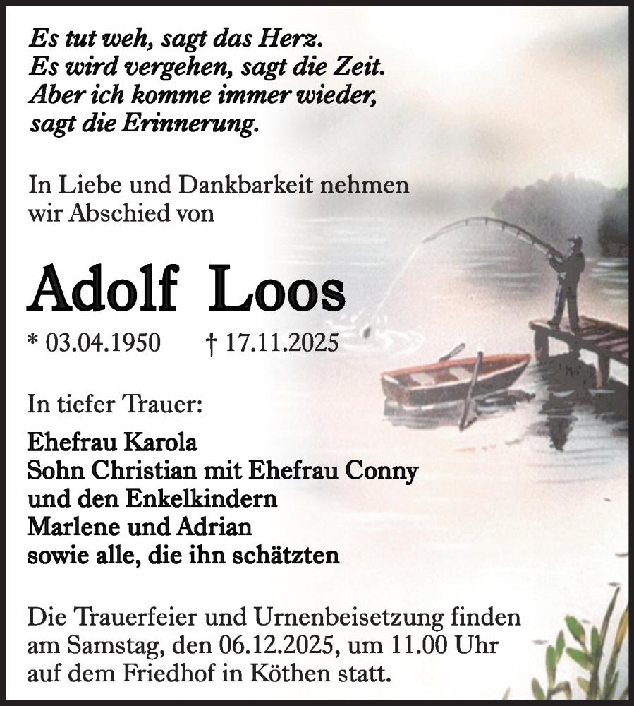  Traueranzeige für Adolf Loos vom 21.11.2025 aus Trauerkombi Köthen