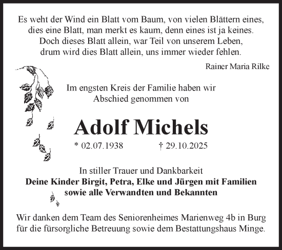 Traueranzeige von Adolf Michels von Volksstimme Burg/Genthin