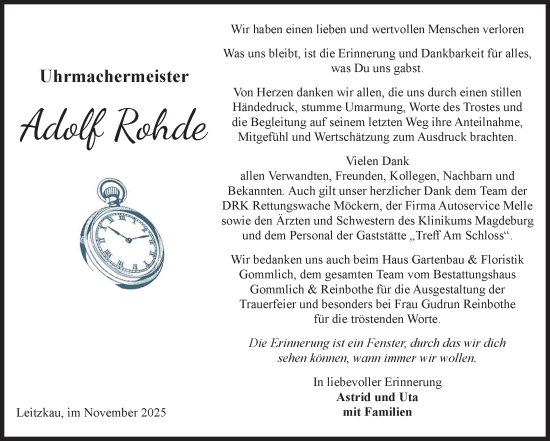 Traueranzeige von Adolf Rohde von Volksstimme Burg/Genthin