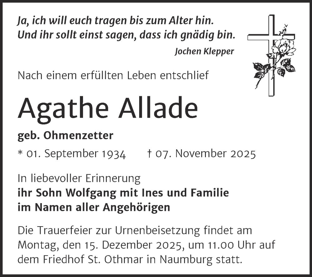  Traueranzeige für Agathe Allade vom 15.11.2025 aus Naumburger Tageblatt