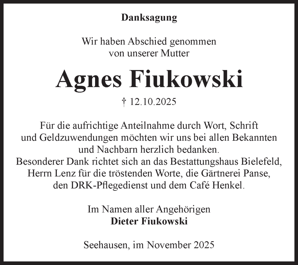  Traueranzeige für Agnes Fiukowski vom 08.11.2025 aus Volksstimme Altmark Ost