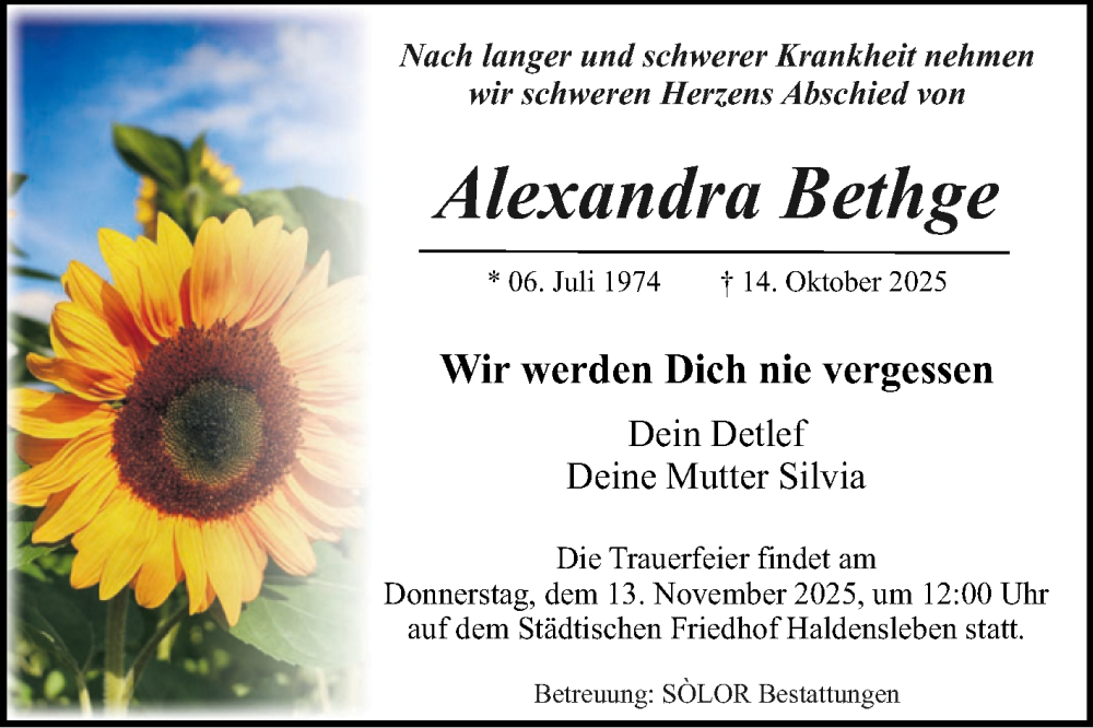  Traueranzeige für Alexandra Bethge vom 01.11.2025 aus Volksstimme Magdeburg