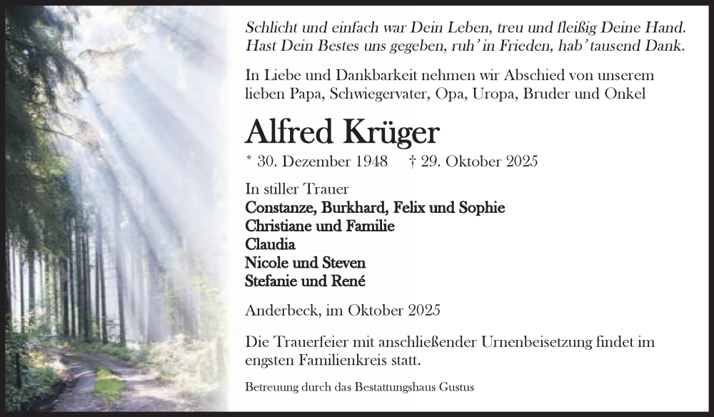  Traueranzeige für Alfred Krüger vom 08.11.2025 aus Volksstimme Halberstadt