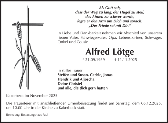 Traueranzeige von Alfred Lötge von Volksstimme Altmark West