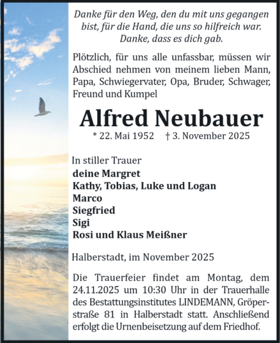 Traueranzeige von Alfred Neubauer von Volksstimme Halberstadt