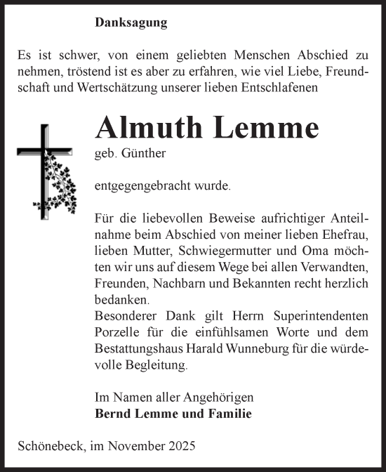 Traueranzeige von Almuth Lemme von Volksstimme Schönebeck