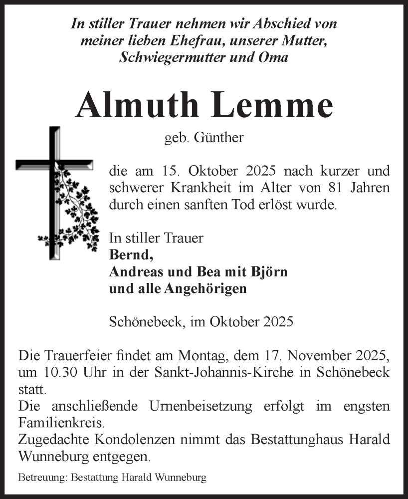 Traueranzeige für Almuth Lemme vom 08.11.2025 aus Volksstimme Schönebeck