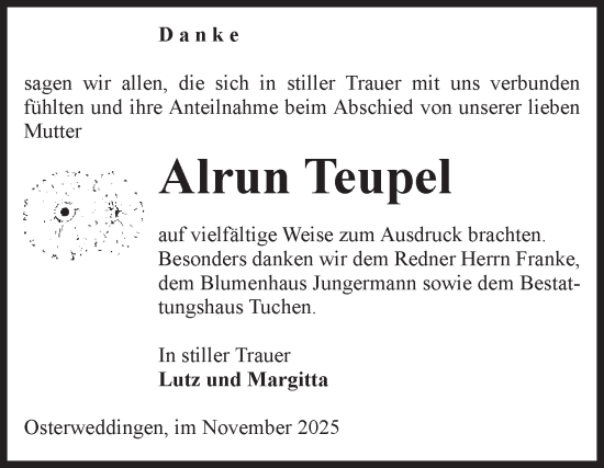 Traueranzeige von Alrun Teupel von Volksstimme Oschersleben/Wanzleben