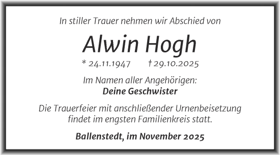 Traueranzeige von Alwin Hogh von Trauerkombi Quedlinburg