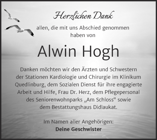 Traueranzeige von Alwin Hogh von Trauerkombi Quedlinburg