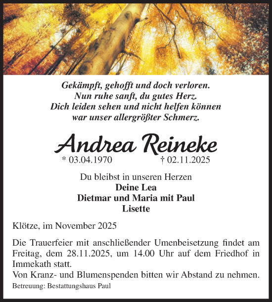 Traueranzeige von Andrea Reineke von Volksstimme Altmark West