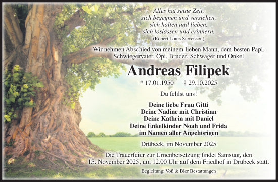 Traueranzeige von Andreas Filipek von Volksstimme Wernigerode