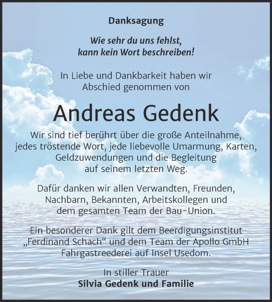 Traueranzeige von Andreas Gedenk von Trauerkombi Wittenberg