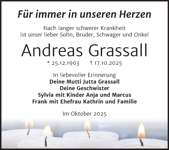 Traueranzeige von Andreas Grassall von Super Sonntag Naumburg/Nebra