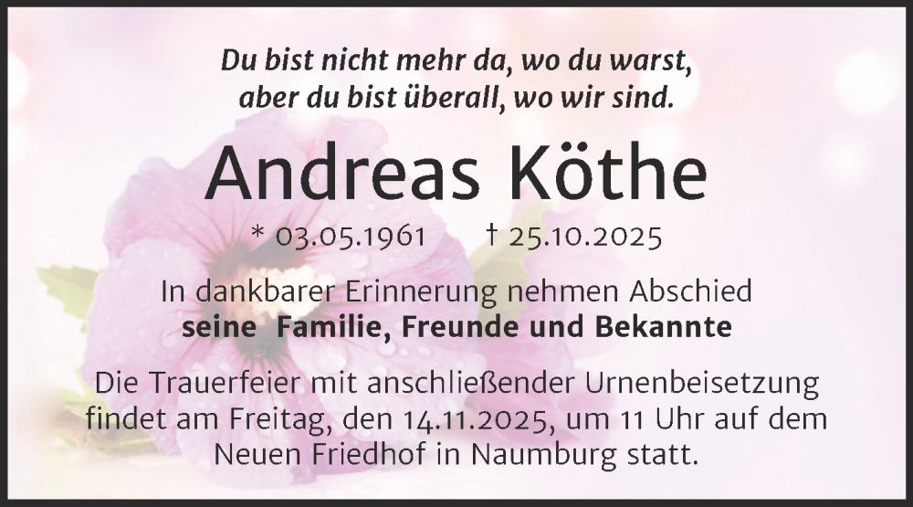 Traueranzeige für Andreas Köthe vom 08.11.2025 aus Super Sonntag Naumburg/Nebra