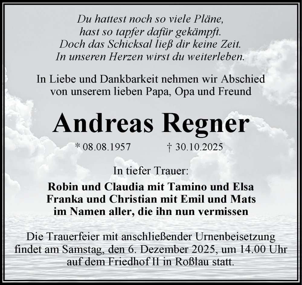  Traueranzeige für Andreas Regner vom 15.11.2025 aus Trauerkombi Dessau
