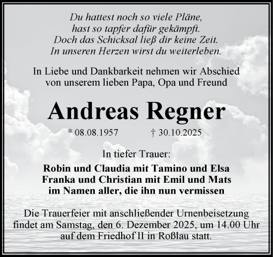 Traueranzeige von Andreas Regner von Trauerkombi Dessau